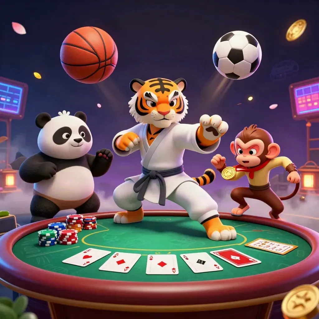 Kung-fu tiger, panda, and monkey amid casino chips, balls, and neon haze
