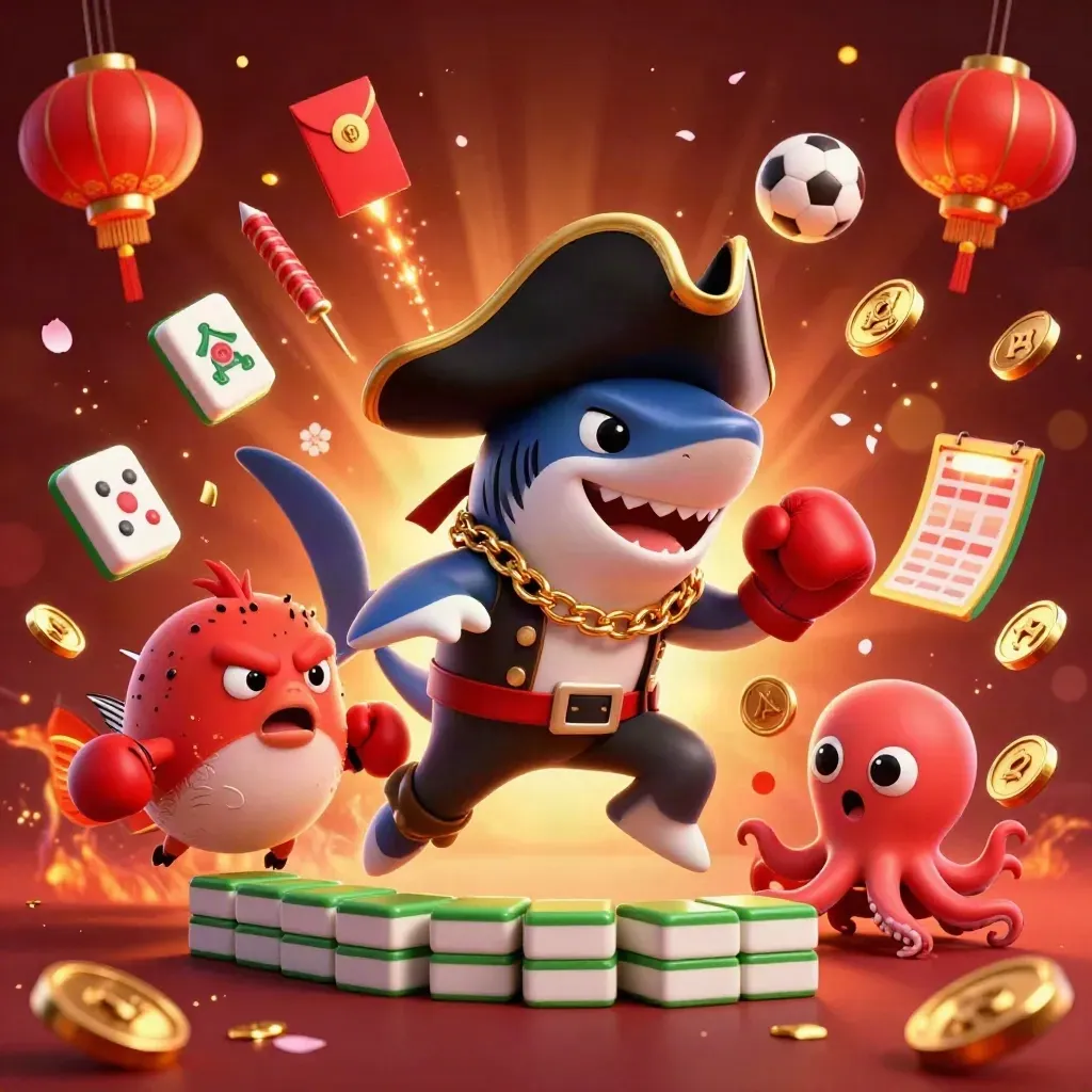 Pirate shark, boxing pufferfish, and juggling baby octopus amid casino treasures and neon glow.