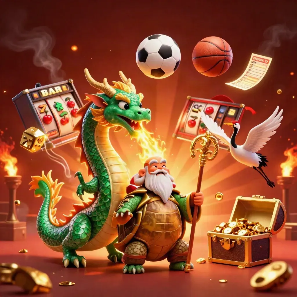 Emerald dragon, turtle sage and cranes amid casino bursts, dice, slot machine and sports balls