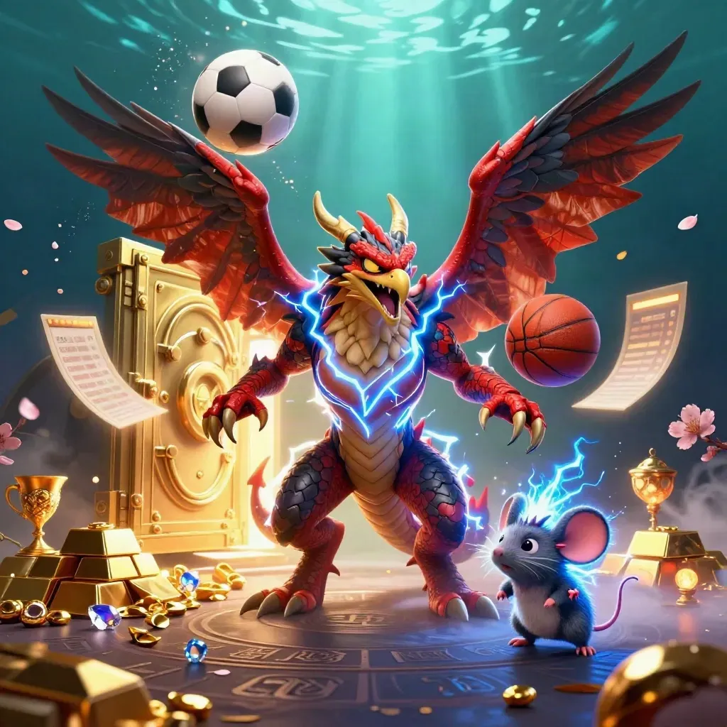 Thunder dragon, wind hawk, and static mouse amid gold, gems, and flying sports balls
