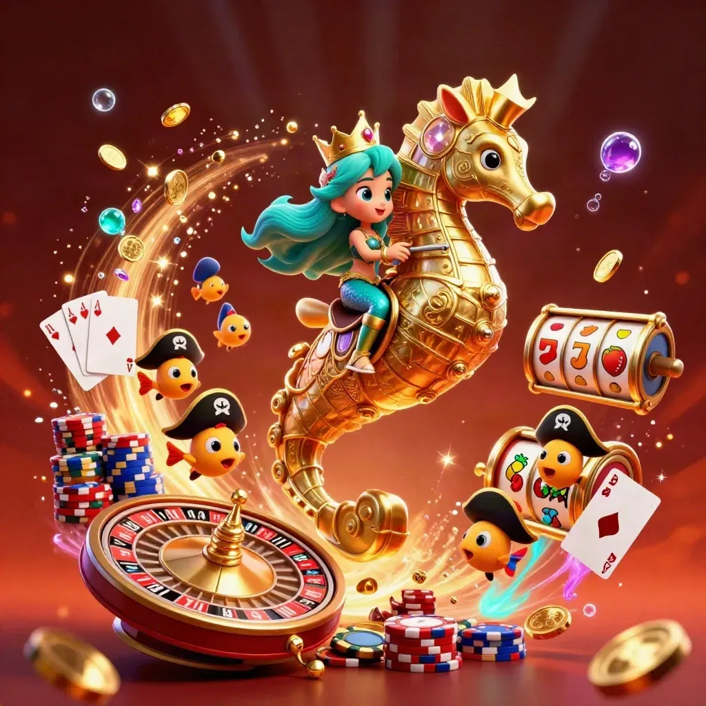 Mermaid princess on armored seahorse amid coins, cards, chips, and glowing casino effects.