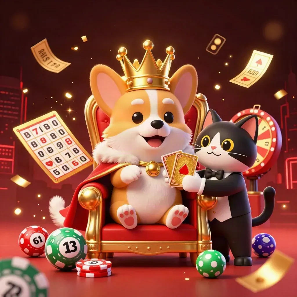 Royal corgi and cat butler amid poker chips, lottery balls, prize wheel, and gold confetti