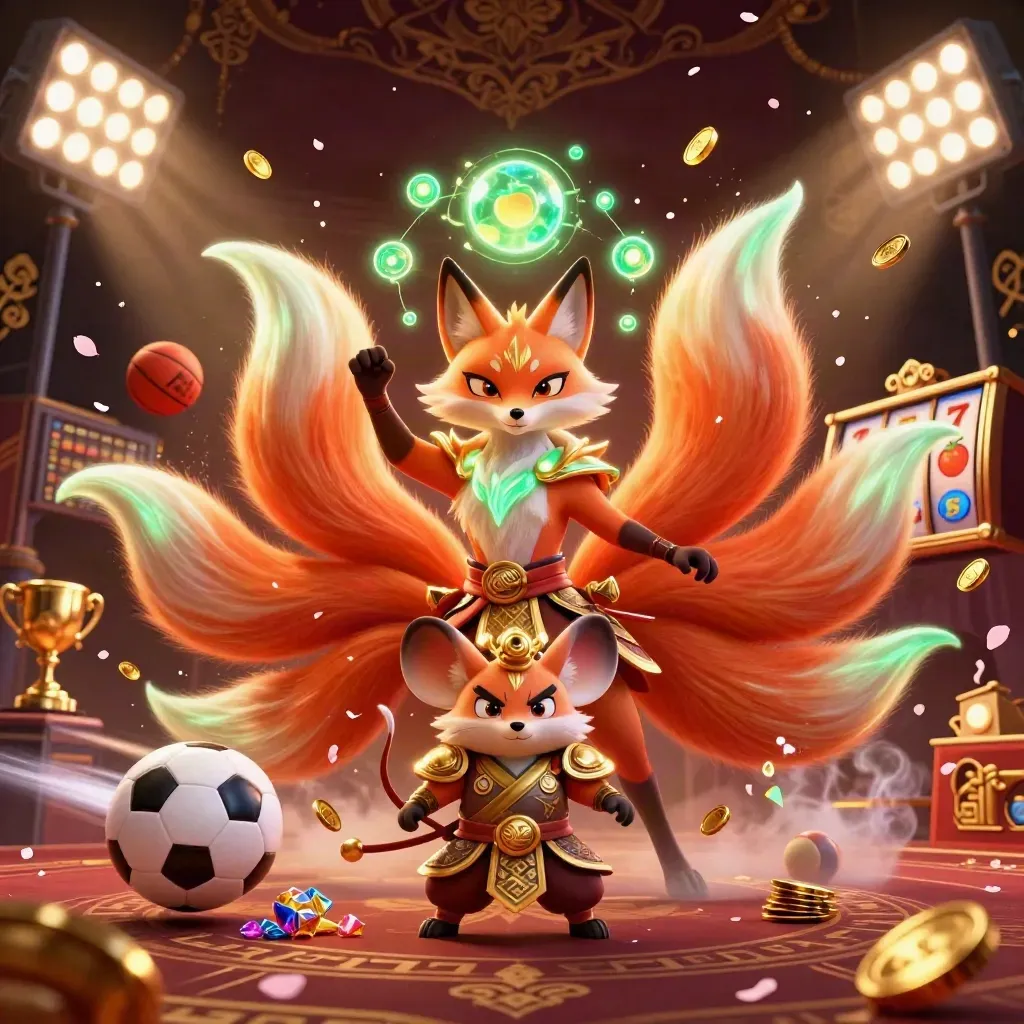 Nine-tailed fox spirit and gold-armored mouse amid coins, trophies, floodlights, and casino effects