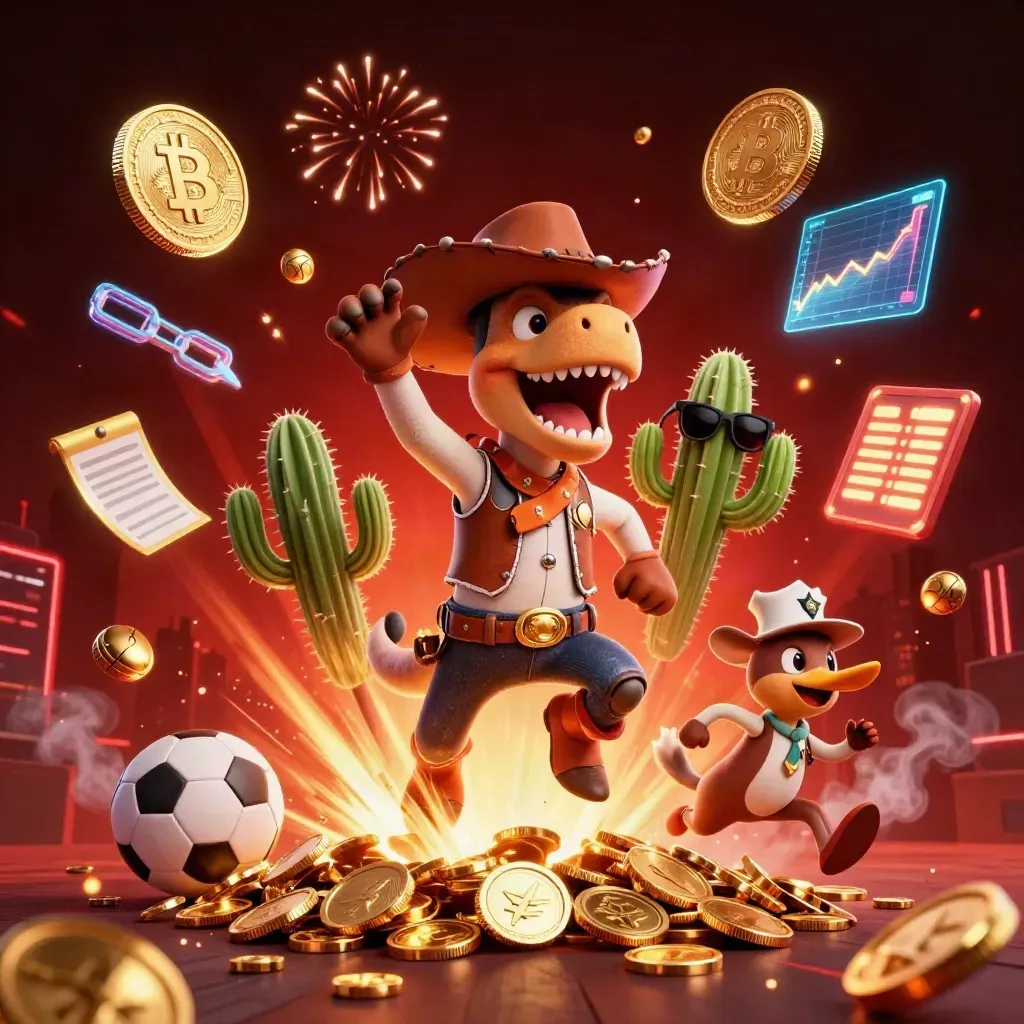 T-Rex, cactus, and roadrunner amid bursting coins, fireworks, crypto coins, and casino effects