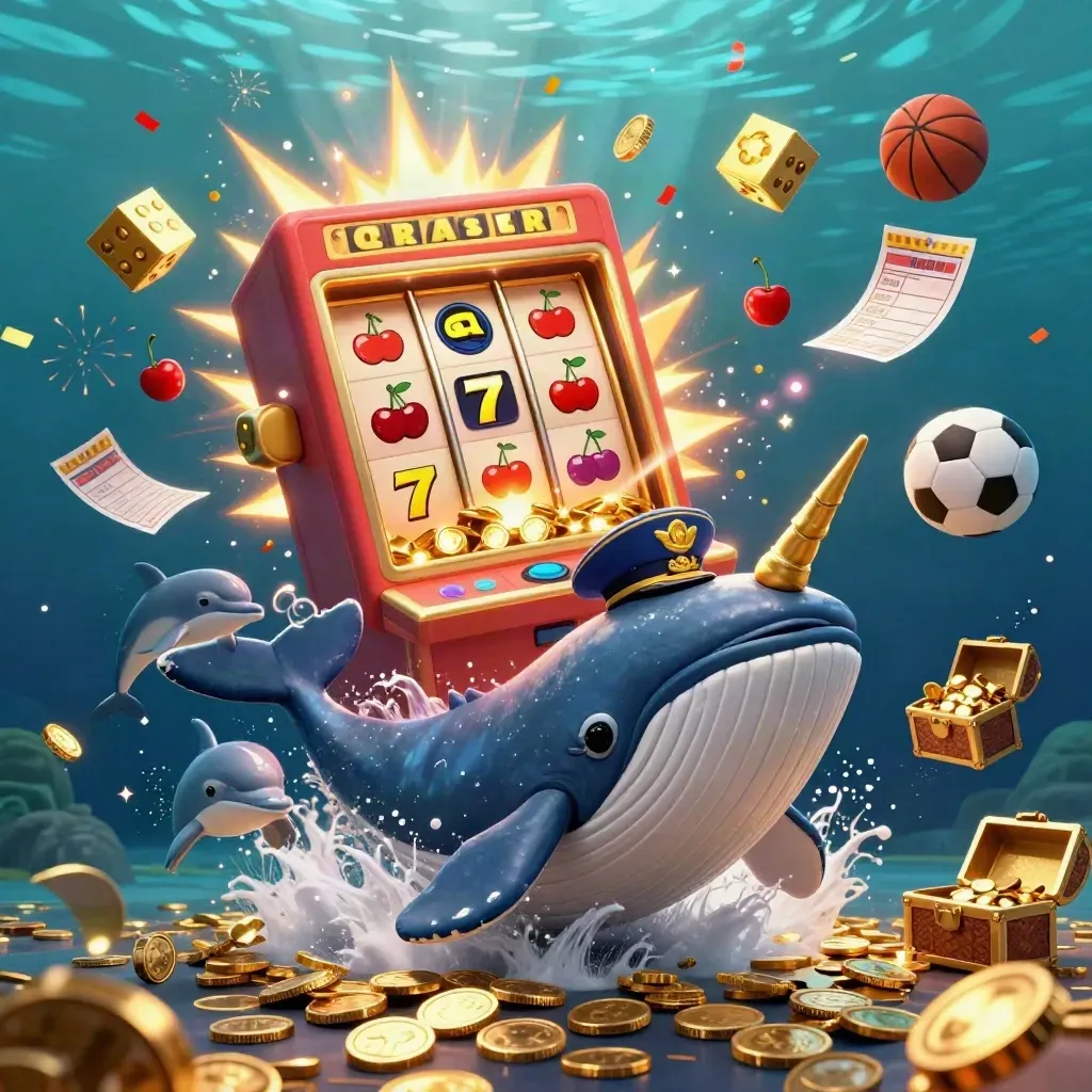 Whale captain, narwhal, dolphins, jackpot slot burst, coins, treasure chest, casino power-up scene.