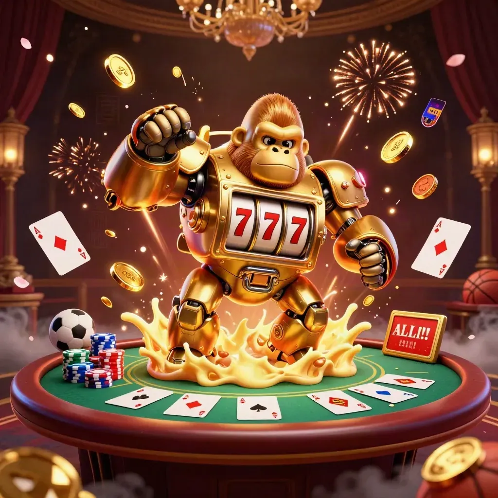 Golden gorilla mech with monkey pilot, poker table, chips, coins and casino fireworks.