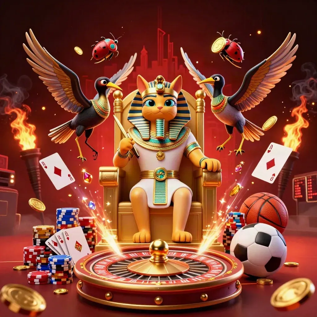 Pharaoh cat, ibis scribe, and scarabs amid coins, chips, roulette wheel, and fire glow.