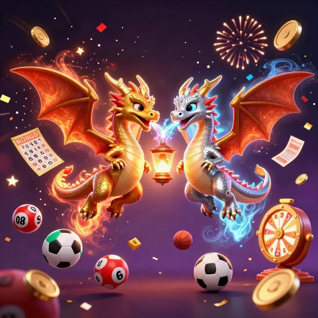 Twin gold and silver dragons spin amid casino bursts, coins, balls, wheels, tickets, and fireworks.