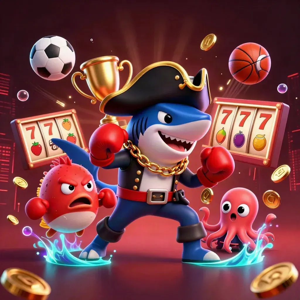 Shark captain, pufferfish boxer, and coin-juggling octopus amid casino icons in neon dark