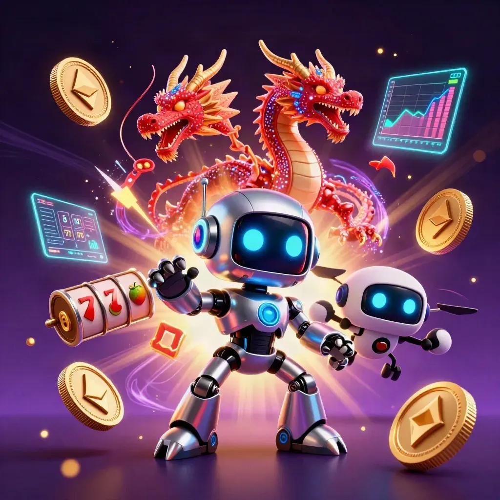 Cyberpunk robot, holographic dragon, and coin drone amid casino symbols and neon energy.