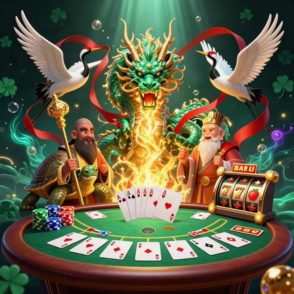 Emerald dragon, sage turtle, and ribbon cranes amid poker chips, aces, and glowing reels.