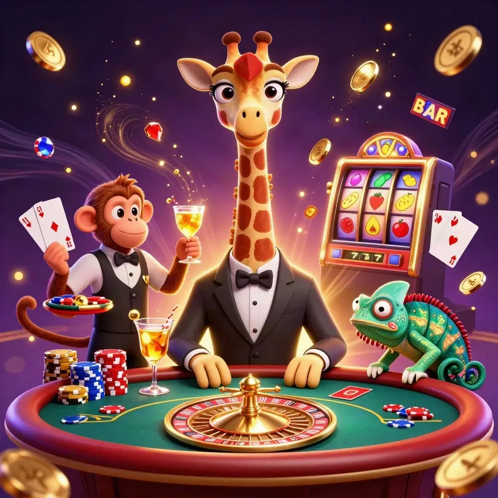 Giraffe high roller, monkey valet, and chameleon bartender amid casino chips, coins, cards, and roulette